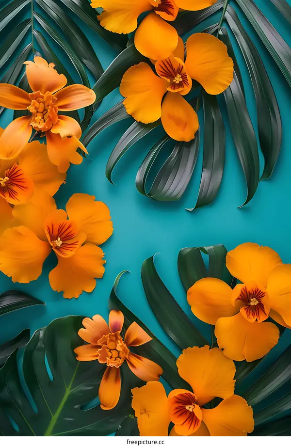 Tropical Flower Arrangement on Blue Background