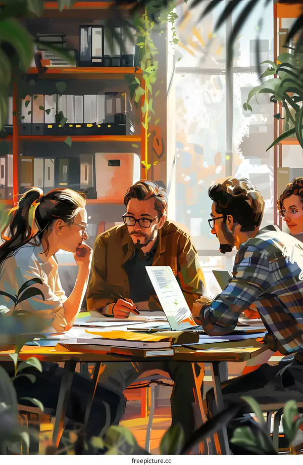 Four people are discussing work in an office decorated with plants.