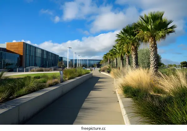 Modern Office Building With Palm Trees and Walkway