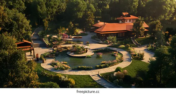 Aerial View of a Luxurious Home in a Lush Garden with a Winding Path and a Pond