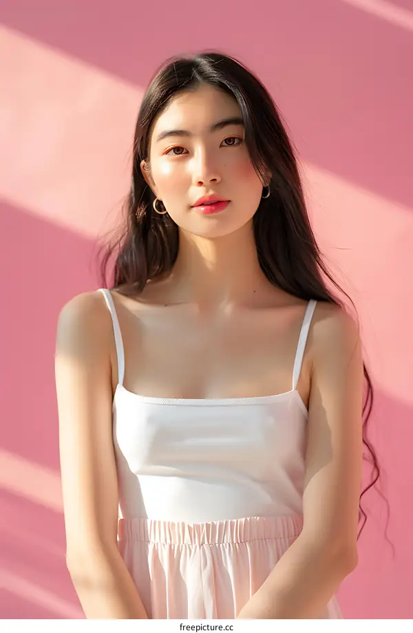 Portrait of a Beautiful Asian Woman with Long Black Hair in a White Tank Top
