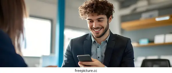 Smiling Businessman Using Phone In Office