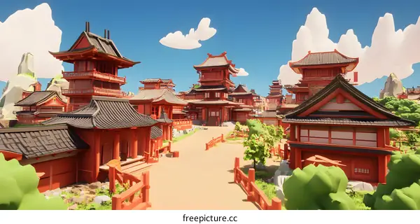 Red Roofed Buildings with Asian Style