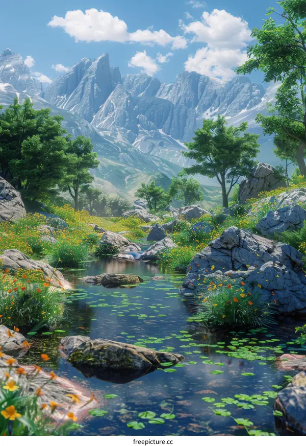 Rocks and Flowers near a Mountain Stream in the Alps