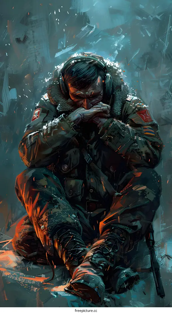 Soldier sitting on the ruins of war
