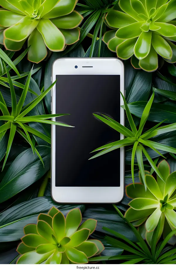 White Smartphone Laying On Green Leaves