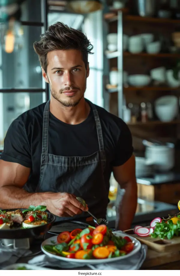 Professional Chef Preparing a Healthy Meal in a Modern Kitchen