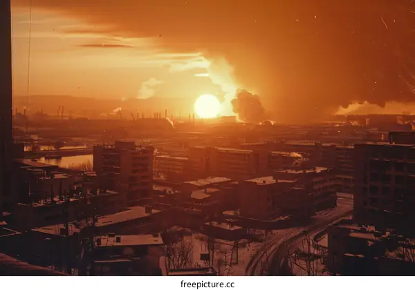 A Soviet residential area under an evening sky