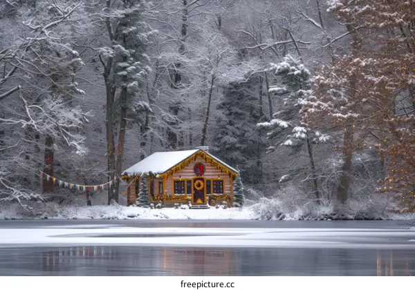 Small cabin in a snowy forest near a frozen lake