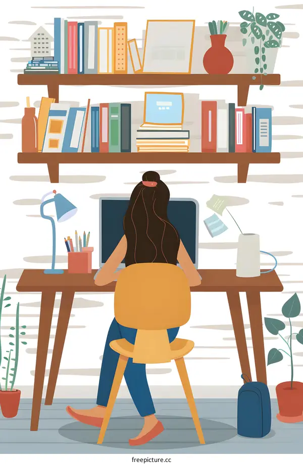 Woman Working at Home Office with Bookshelf and Plants