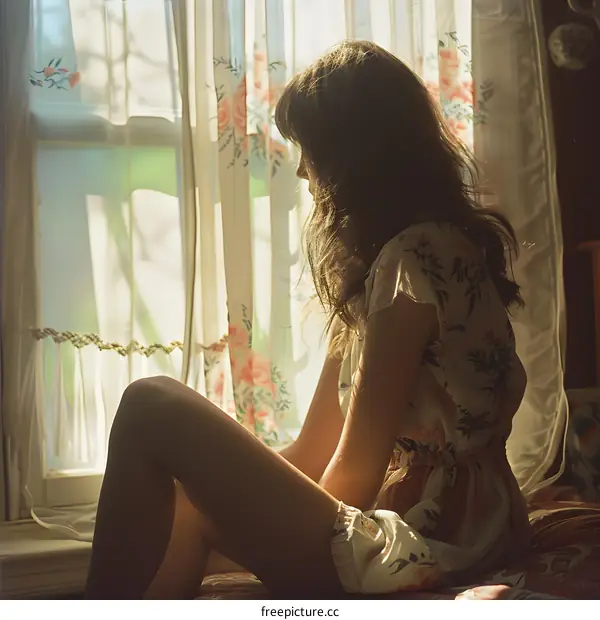 girl sitting on bed near the window