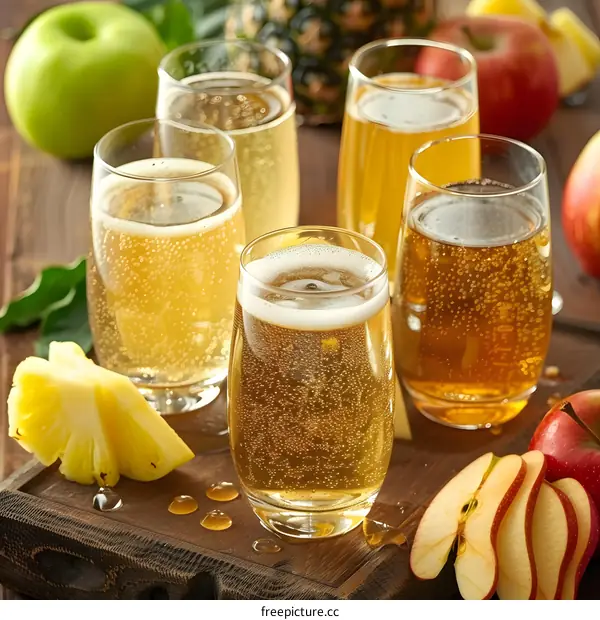 Sparkling Apple Cider in Glasses with Pineapple and Apples