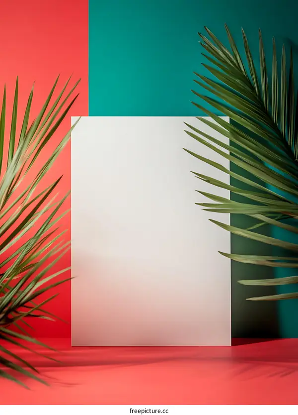 Minimalist Summer Background With White Paper And Palm Leaves