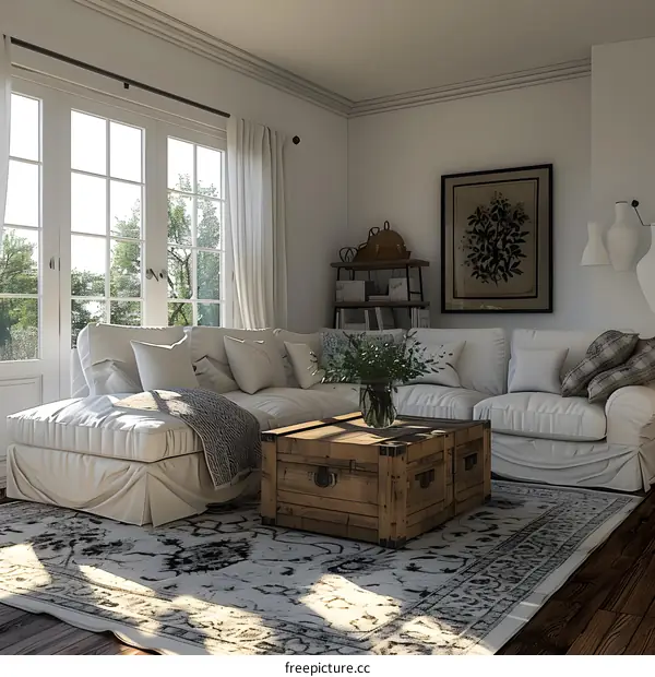 White Sectional Sofa with Wooden Coffee Table in a Living Room with Large Windows