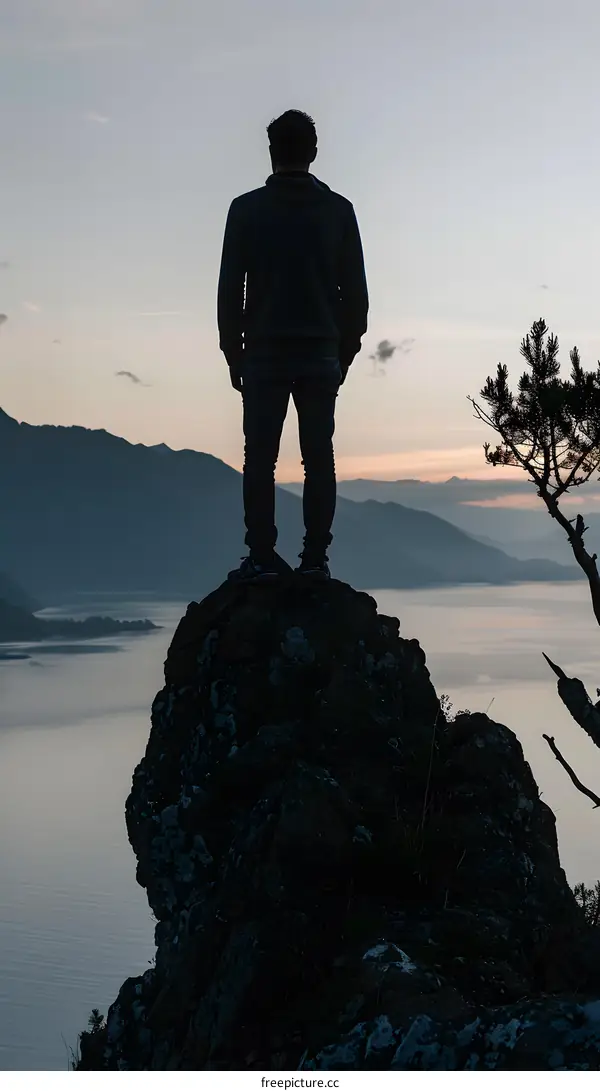 Silhouette of Man Standing on Mountain Peak Looking at Scenic Landscape