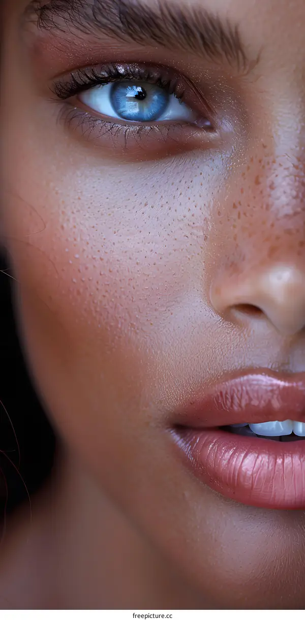 Close Up Of Woman With Blue Eyes And Freckles