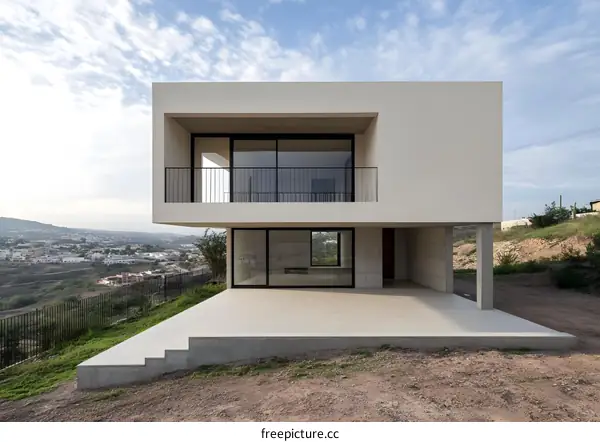 Modern Minimalist House With Large Windows And Balcony