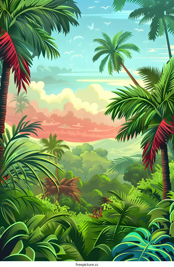 Tropical Rainforest Illustration With Palm Trees and Birds