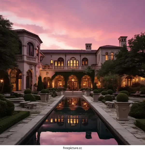 Large luxury mansion with reflection pool at sunset