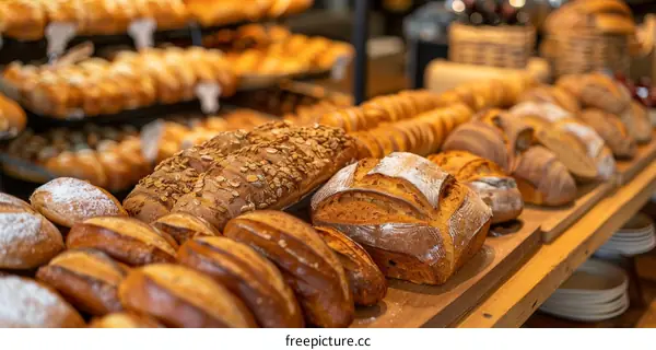 Freshly Baked Bread Displayed on Rustic Wooden Table in Bakery