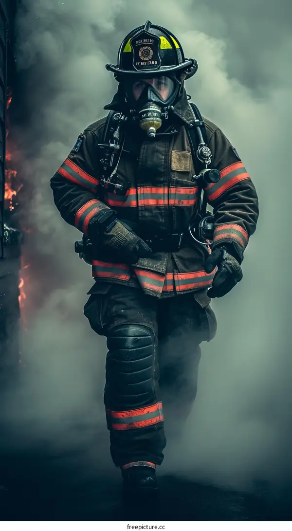 Firefighter in protective gear walking through a burning building