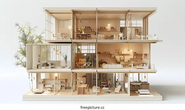A wooden model house with 3 floors and a lot of furniture