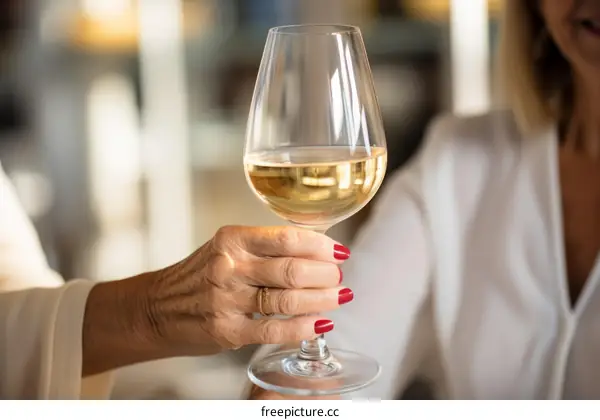 Close-up of a woman holding a glass of white wine