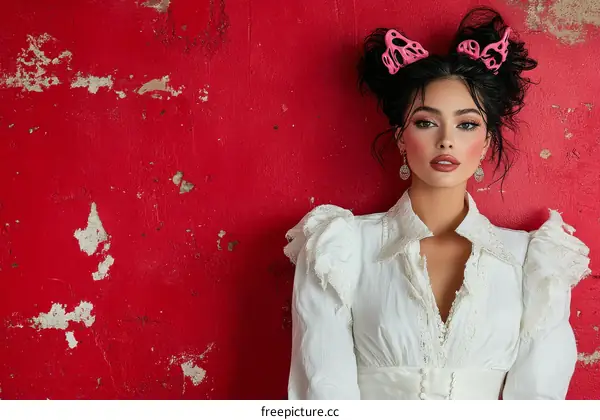 Stylish Woman with Unique Hair Accessories in Front of Red Wall