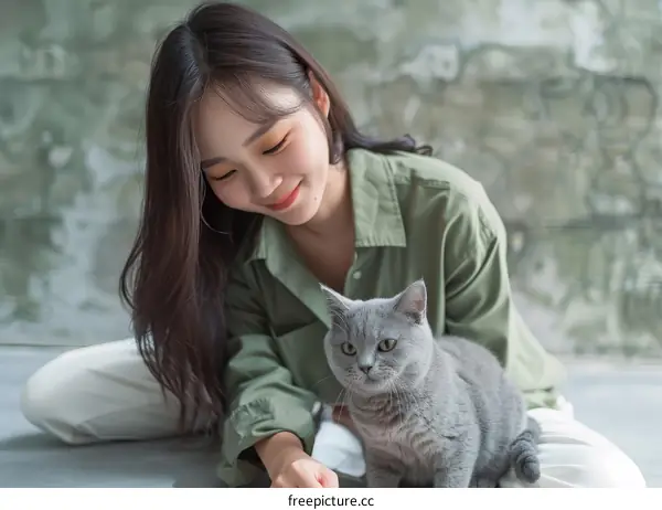A young woman is sitting on the floor with a gray cat