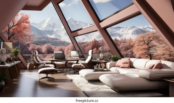 Modern house interior living room with large windows and mountain views