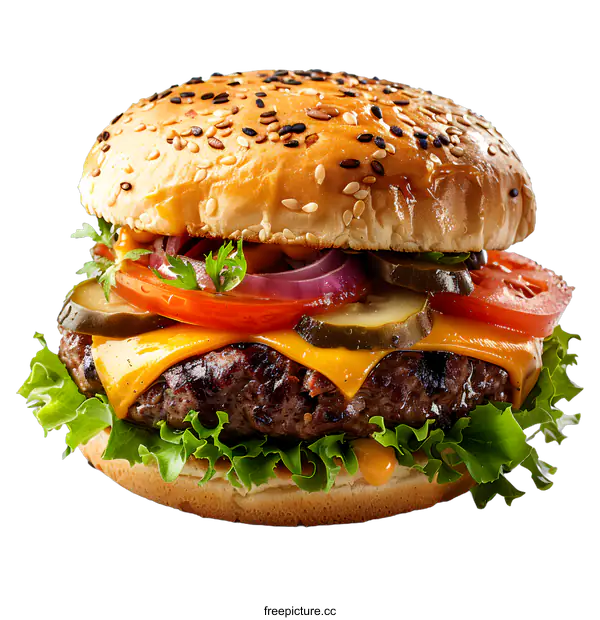 [Transparent Background PNG]Delicious burger with beef tomato cheese and vegetables