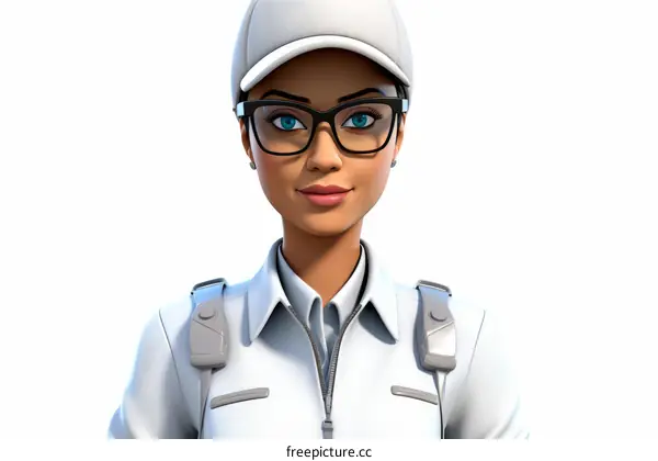 3D Rendering of a Young Woman with White Baseball Cap and Glasses