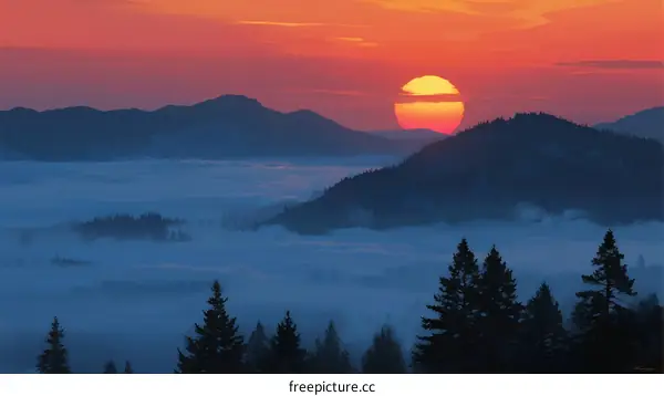 Golden Sun Setting Over Misty Mountain Range at Dawn
