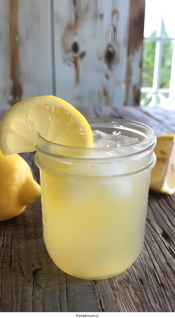 Glass of Lemonade with Lemon Slice on Wooden Table