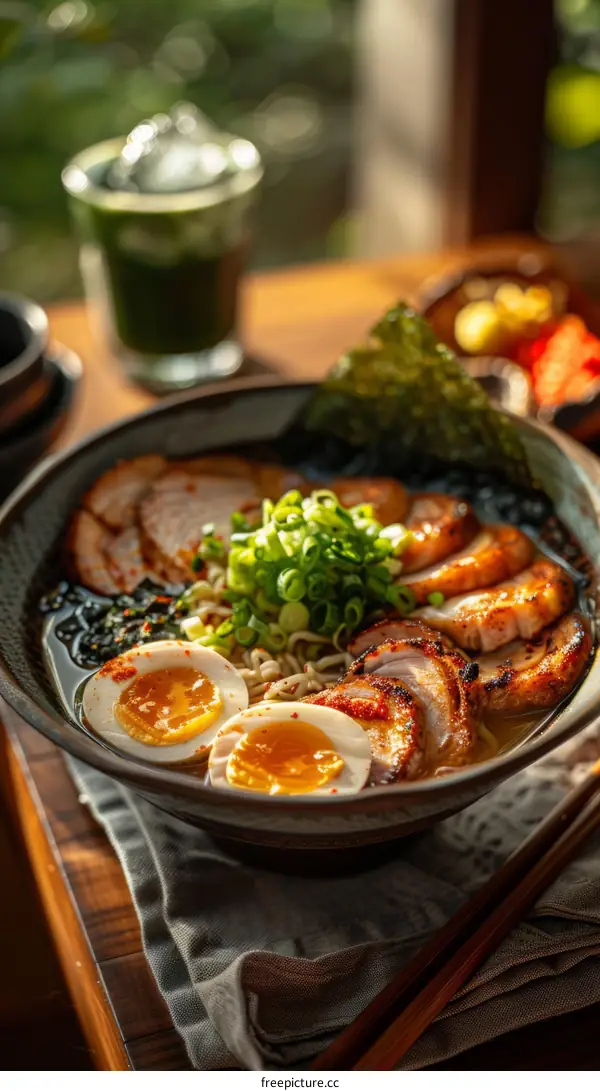 A delicious bowl of ramen with pork, eggs, and vegetables
