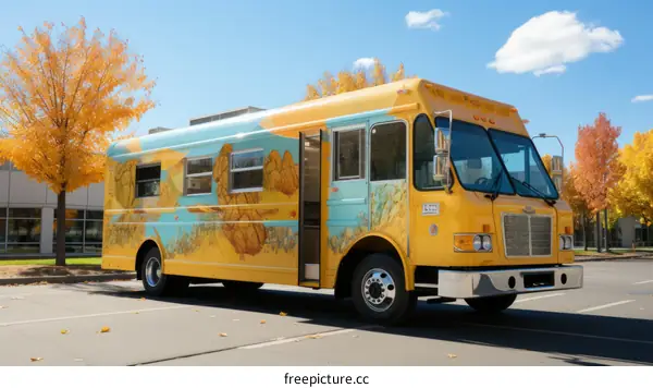 A colorful bus is parked in a parking lot.