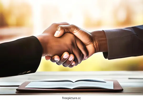 Two businessmen shaking hands over a book