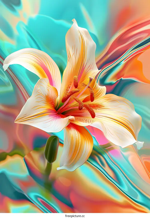 Close Up of White Lily Flower With Orange and Pink Lines on Abstract Background