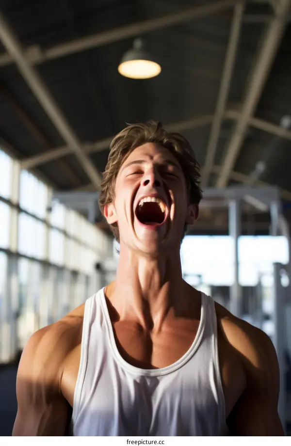 Young male weightlifter screaming in a gym