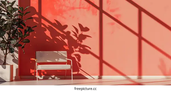 Minimalist Interior Design with Red Wall and White Chair