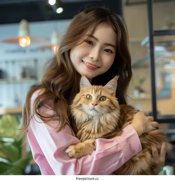 A young woman is hugging an orange cat.