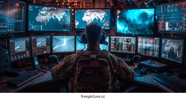 Soldier at a computer workstation with multiple screens