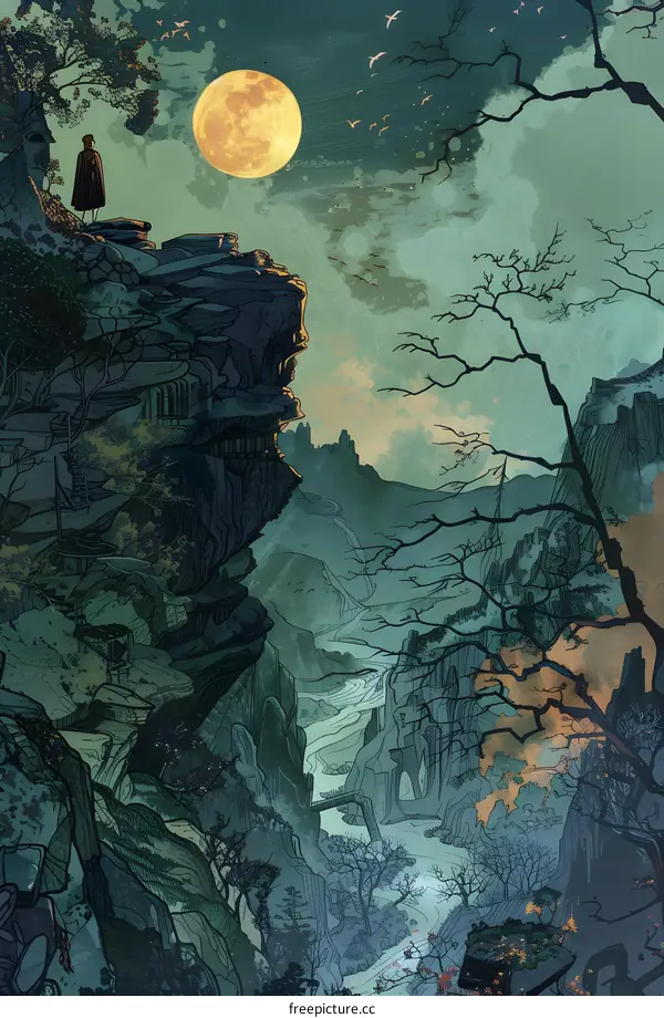 Person Standing On Cliff Looking At Full Moon Illustration