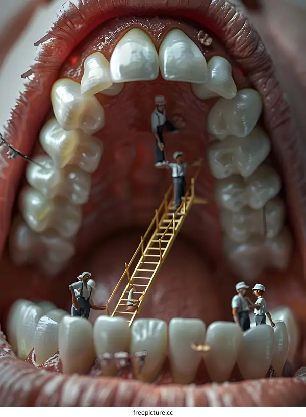 Tiny Workers Repairing a Tooth Inside a Human Mouth