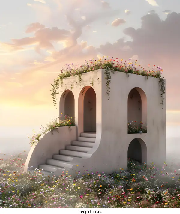 White Stone Building with Flower Covered Roof