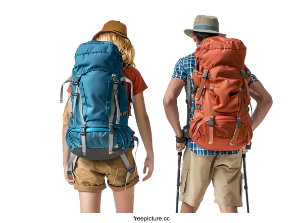 [Transparent Background PNG]Hikers couple with backpacks standing isolated