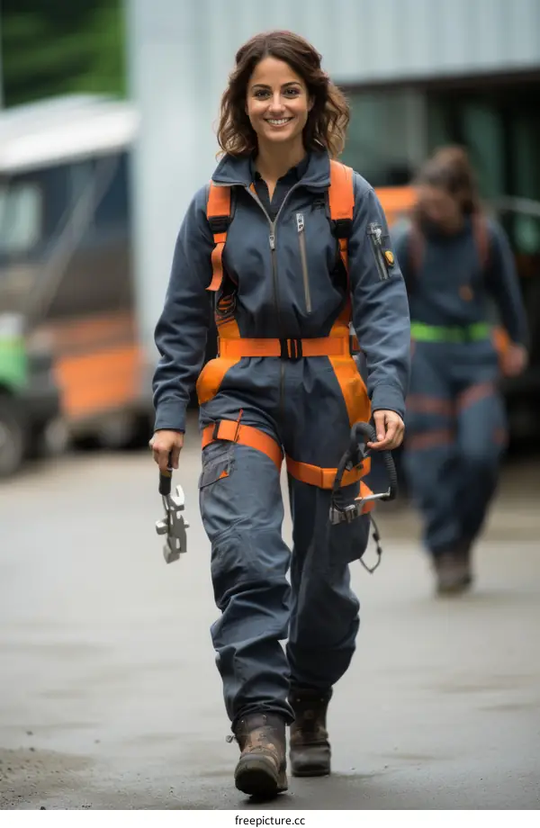 Smiling woman in jumpsuit with climbing gear and holding a wrench