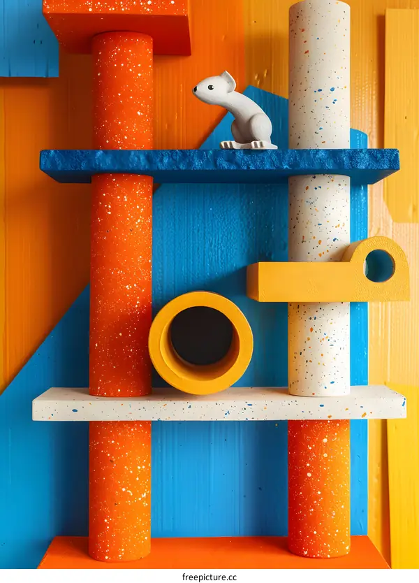 Abstract Colorful Geometric Shapes with White Mouse Figurine