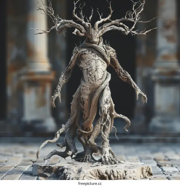 A tree monster with a human body stands in a ruined temple.