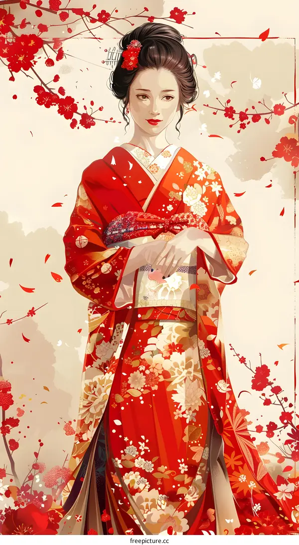 A beautiful Japanese woman in a red kimono standing under a cherry blossom tree.
